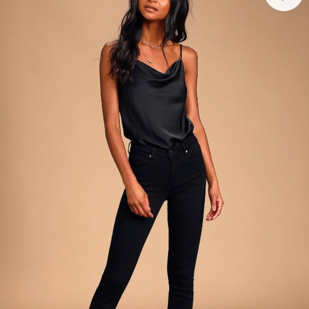 Lulu's Emmerson Black Satin Sleeveless Cowl Neck Bodysuit